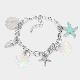 Shell Conch Starfish Pearl Charm Station Bracelet