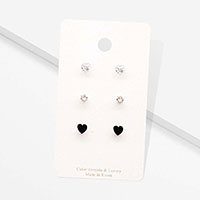 3Pairs - CZ Heart Round Stud Earrings