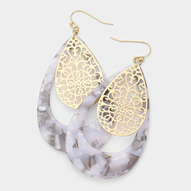 Filigree Metal Teardrop Open Celluloid Acetate Layered Dangle Earrings