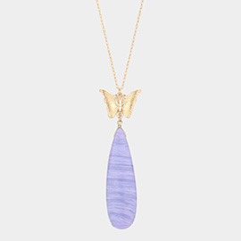 Butterfly Natural Stone Teardrop Link Pendant Long Necklace