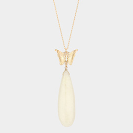 Butterfly Natural Stone Teardrop Link Pendant Long Necklace