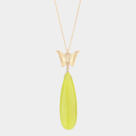 Butterfly Natural Stone Teardrop Link Pendant Long Necklace