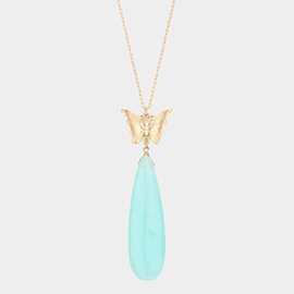 Butterfly Natural Stone Teardrop Link Pendant Long Necklace