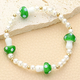 Mushroom Accented Pearl Stretch Bracelet