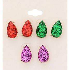 3Pairs - Glittered Teardrop Stud Earrings