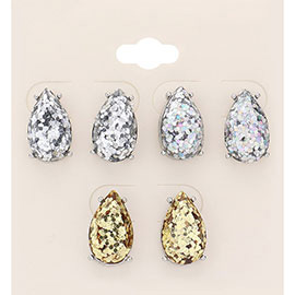 3Pairs - Glittered Teardrop Stud Earrings