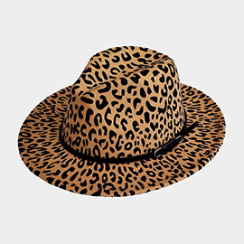 Faux Leather Band Leopard Patterned Panama Hat