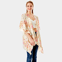 Flower Printed Ruffle Sleeves Cover Up Kimono Poncho