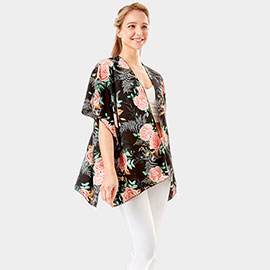 Garden Rose Flower Printed Cover Up Poncho Kimono Poncho