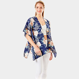 Garden Rose Flower Printed Cover Up Poncho Kimono Poncho