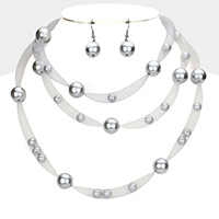 Pearl Accented Triple Layered Mesh Bib Necklace