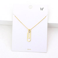 Brass Metal Paper Clip Round Stone Pendant Necklace