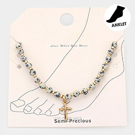 Metal Cross Charm Semi Precious Stretch Anklet