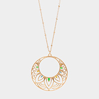 Enamel Detailed Cut Out Metal Round Pendant Long Necklace