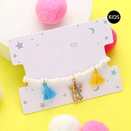 -K- Unicorn Monogram Tassel Station Kid's Beaded Stretch Bracelet