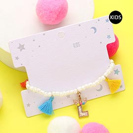 -L- Unicorn Monogram Tassel Station Kid's Beaded Stretch Bracelet