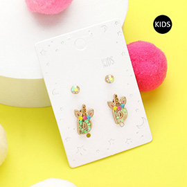 2Pairs - D Round Stone Unicorn Monogram Stud Kids Earrings