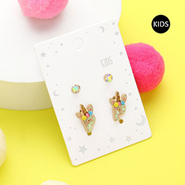 2Pairs - P Round Stone Unicorn Monogram Stud Kids Earrings