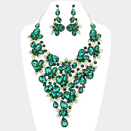 Teardrop Stone Leaf Cluster Vine Statement Evening Necklace