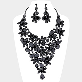 Teardrop Stone Leaf Cluster Vine Statement Evening Necklace