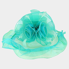 Flower Feather Accented Double Layered Organza Hat