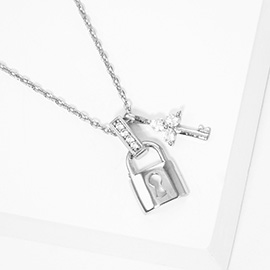 White Gold Dipped CZ Stone Embellished Key Lock Pendant Necklace