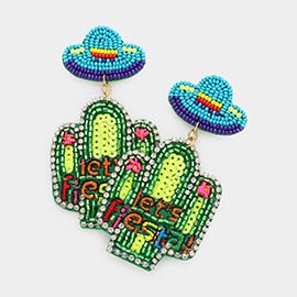 let's Fiesta! Message Felt Back Sequin Beaded Cactus Dangle Earrings