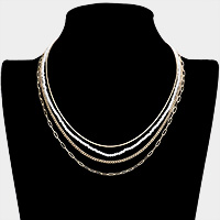 Open Oval Link Metal Chain Faceted Beaded Multi Layered Necklace