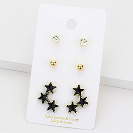 3Pairs - CZ Round Metal Ball Enamel Triple Star Stud Earrings