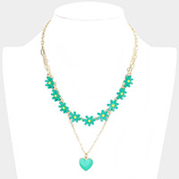 Enamel Heart Pendant Flower Link Double Layered Necklace