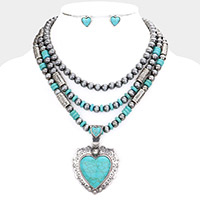 Natural Stone Heart Accented Triple Layered Statement Necklace