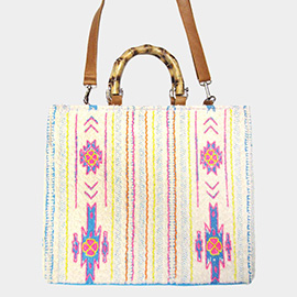 Boho Wood Handle Tote / Crossbody Bag