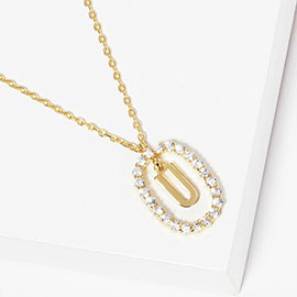 -U- Gold Dipped Metal Monogram Rhinestone Oval Link Pendant Necklace