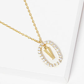 -V- Gold Dipped Metal Monogram Rhinestone Oval Link Pendant Necklace