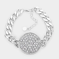 Rhinestone Embellished Circle Pendant Metal Link Bracelet