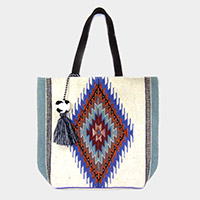 Aztec Patterned Pom-Tassel Tote Bag