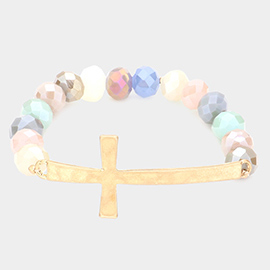 Hammered Metal Cross Accented Faceted Beads Stretch Bracelet