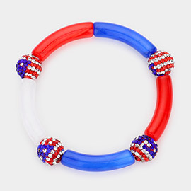 American USA Flag Shamballa Ball Pointed Stretch Bracelet