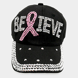 Bling Pink Ribbon Believe Message Baseball Cap