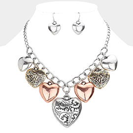 Multi Metal Heart Pendants Dangle Necklace