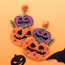 Felt Back Halloween Pumpkin Beaded Dangle Earrings