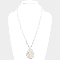 Faux Leather Back Natural Stone Rhinestone Embellished Pendant Necklace