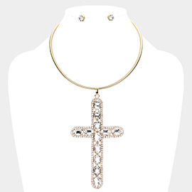 Glass Stone Embellished Cross Pendant Necklace