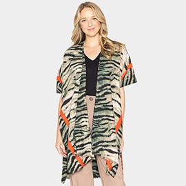 Tiger Patterned Border Striped Cover Up Kimono Poncho