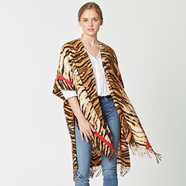 Tiger Patterned Border Striped Cover Up Kimono Poncho