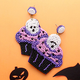 Felt Back Halloween Theme Skull Cupcake Beaded Dangle Earrings