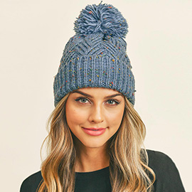 Confetti Diagonal Stripes Pompom Knit Beanie