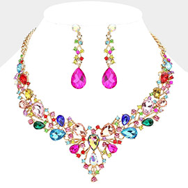 Teardrop Round Stone Cluster Evening Necklace