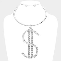 Oversized Rhinestone Pave Dollar Sign Pendant Choker Necklace