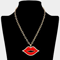 Rhinestone Pave Around Enamel Lip Pendant Necklace